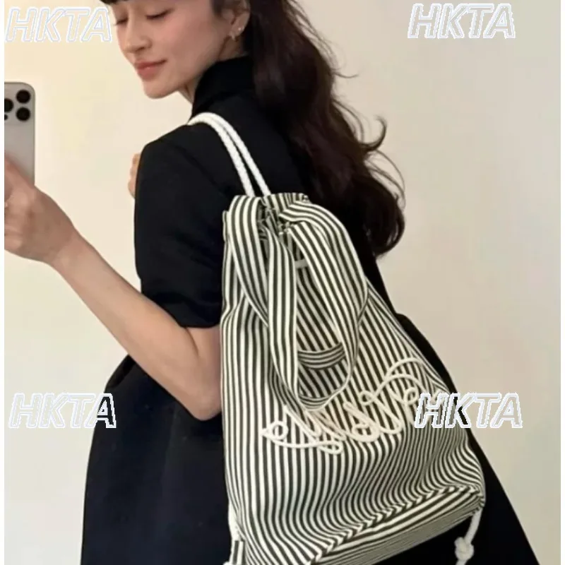 Original Japanese Handbag Autumn New Striped Drawstring Bundle Backpack Women Light Large Capacity Fashion Travel Backpack Lady