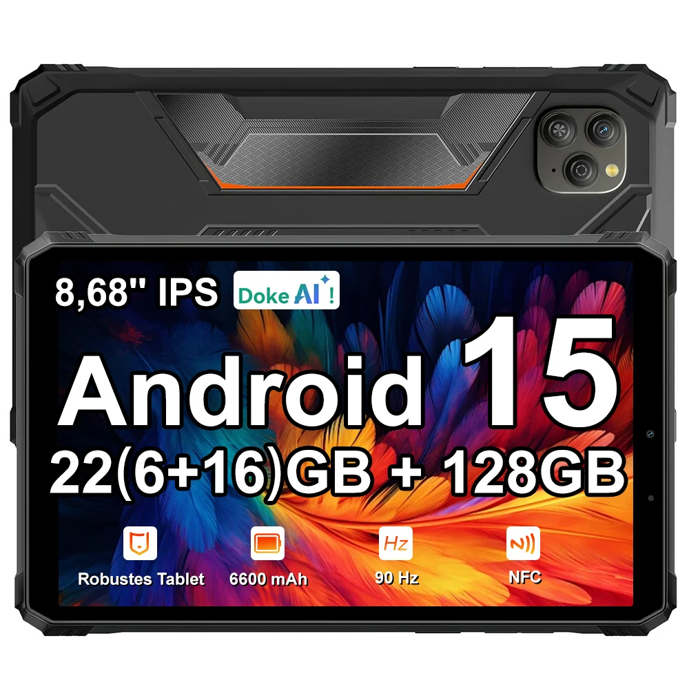 Tablette Robuste Blackview Active 5, 22GB (6+16) RAM + 128GB ROM, Écran IPS 8,68" 90Hz, Batterie 6600mAh, Android 15, Doke AI, NFC et Empreinte Digitale, Sans Chargeur UE