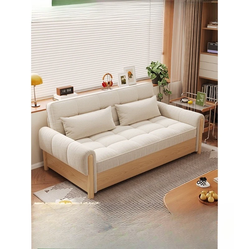

Solid wood fabric sofa bed can be fully dismantled and washed, cotton and linen chenille small apartment study multi-functional