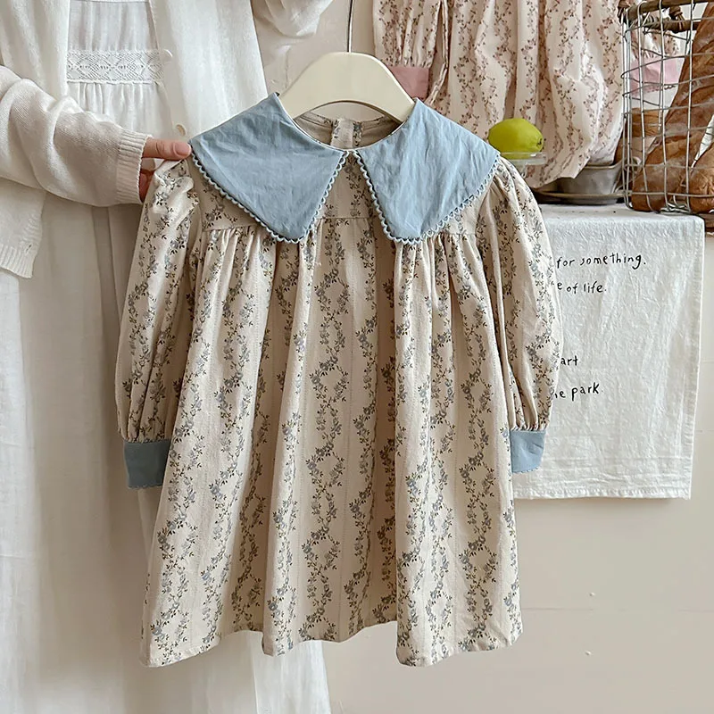 French Floral Contrast Collar Princess Dress for Girls Cotton Long Sleeve Sweet Edge Autumn 2025 Style Elegant Child Gown