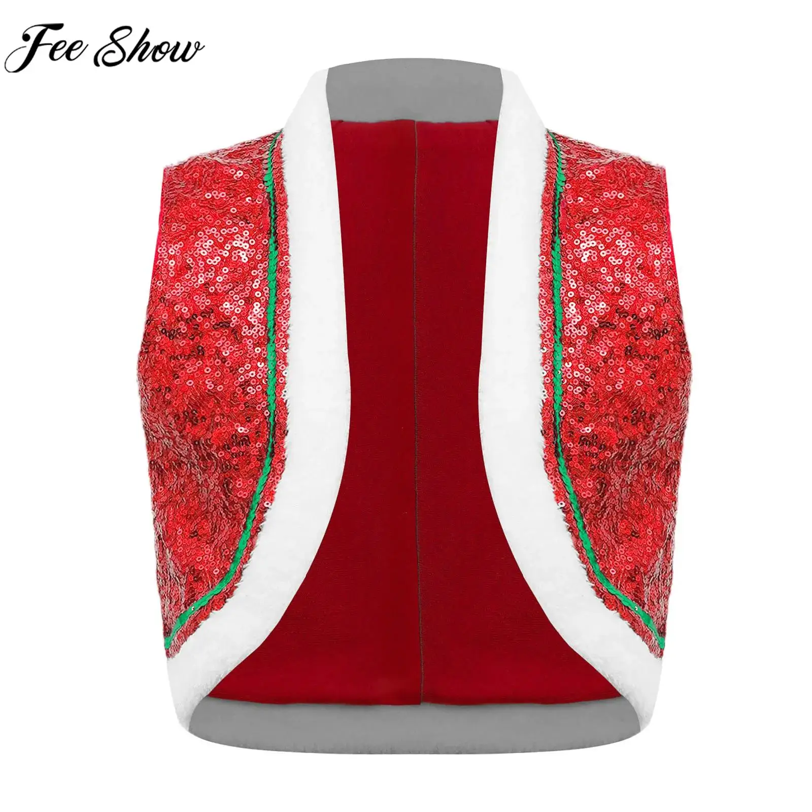 Kids Christmas Santa Elf Costume Shiny Sequin Faux Fur Hem Vest Waistcoat Xmas Carnival Party Circus Magic Show Cosplay Clothes