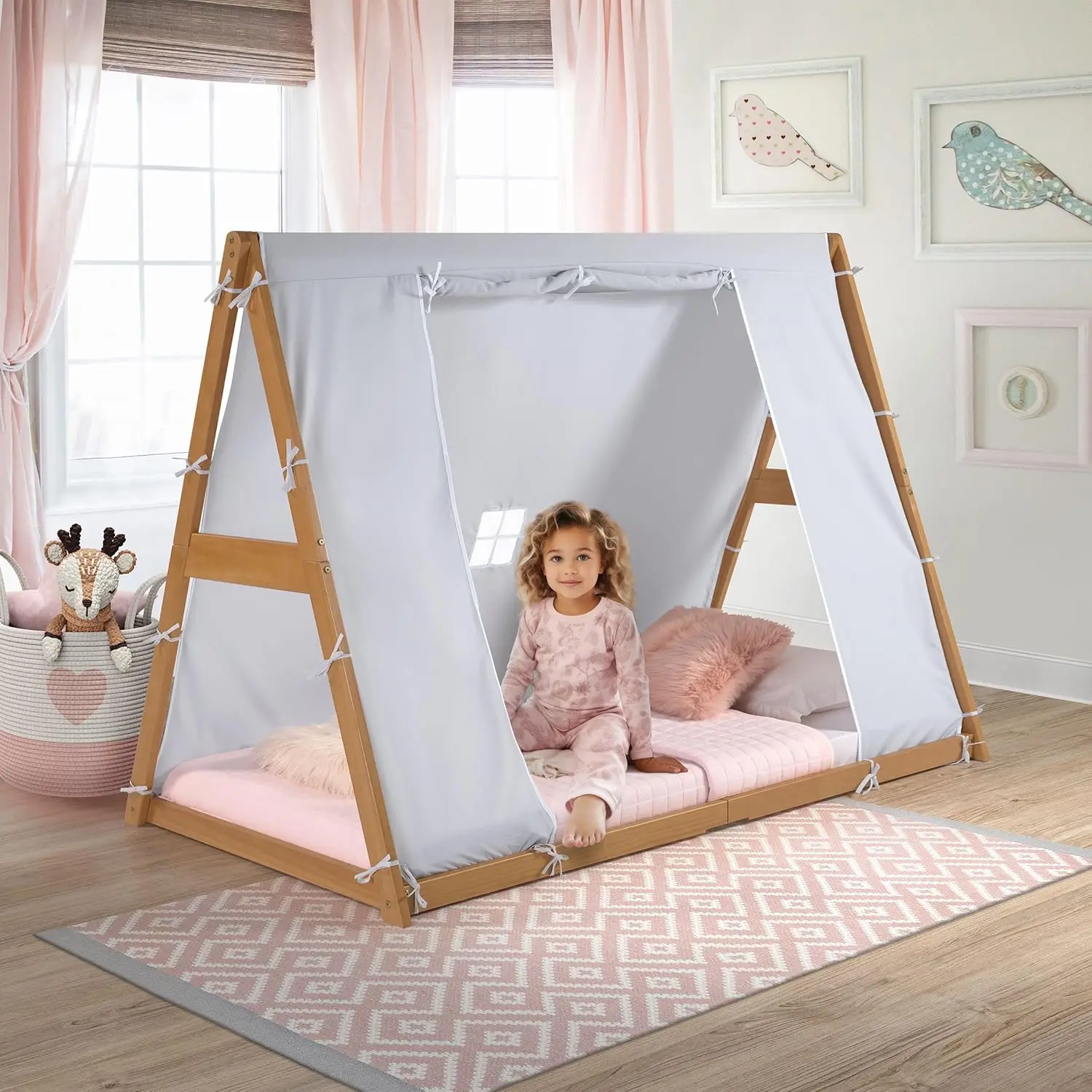 P'kolino Tent Twin Floor Bed - Natuurlijk of wit frame, grijs, kinderslaapkamermeubilair... (Natuurlijk frame)