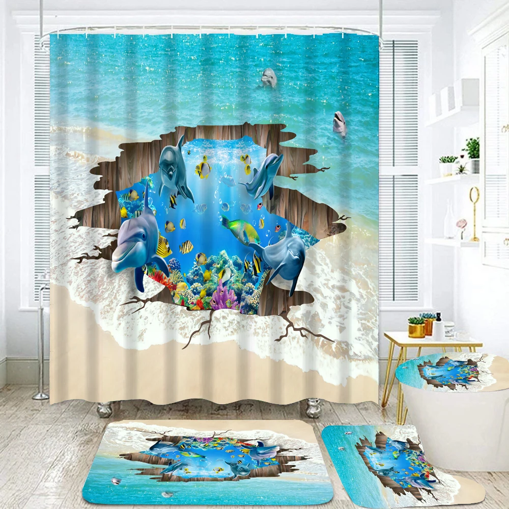

Marine Dolphin Fish Shower Curtain Underwater World With Non Slip Rug Mat Bathroom Curtains Set Waterproof Polyester Home Decor