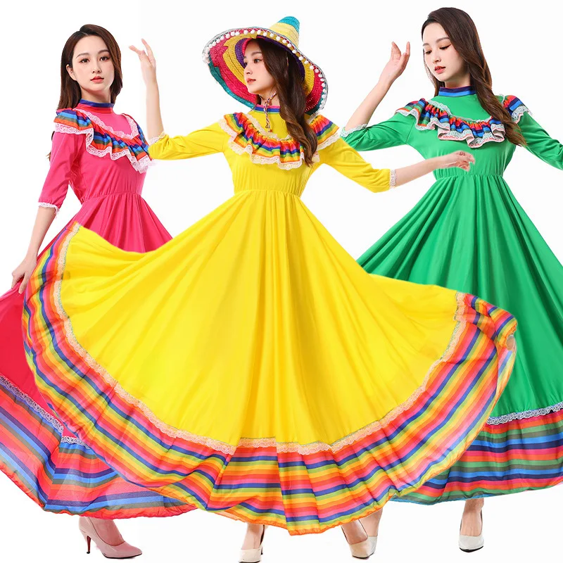 Women Traditional Mexican Folk Dancer Dress for Adult May 5th National Mexico Style Cinco De Mayo Costume Bohemia Long Dresses