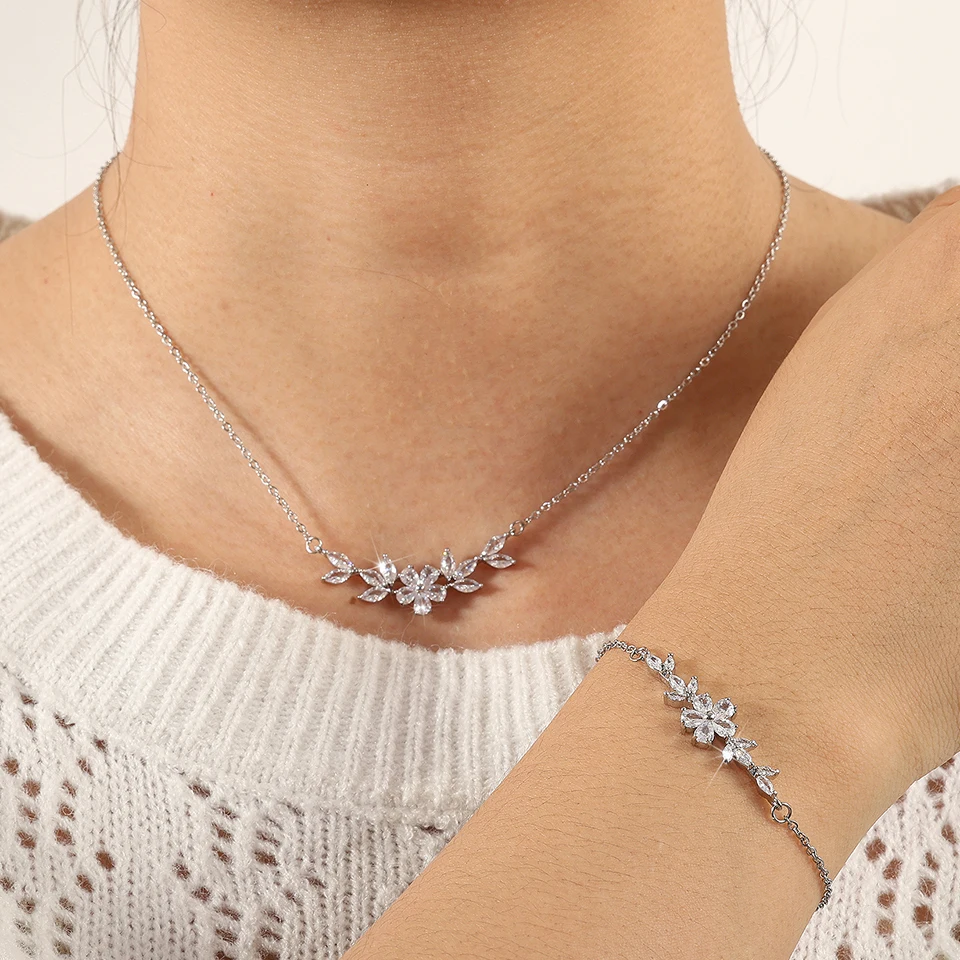 Women's Cubic Zirconia Flower Necklace Bracelet Charm Set