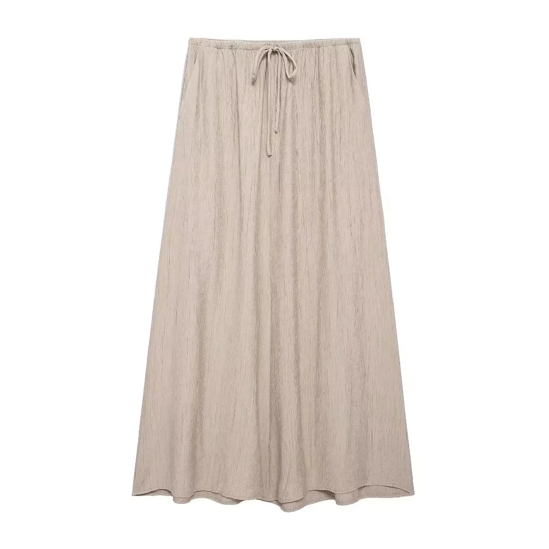 HH Women\'s Summer Elegant A-line Pleated Midi Skirt Fashion Solid Drawstring High Waist Skirts Female Casual Long Dress