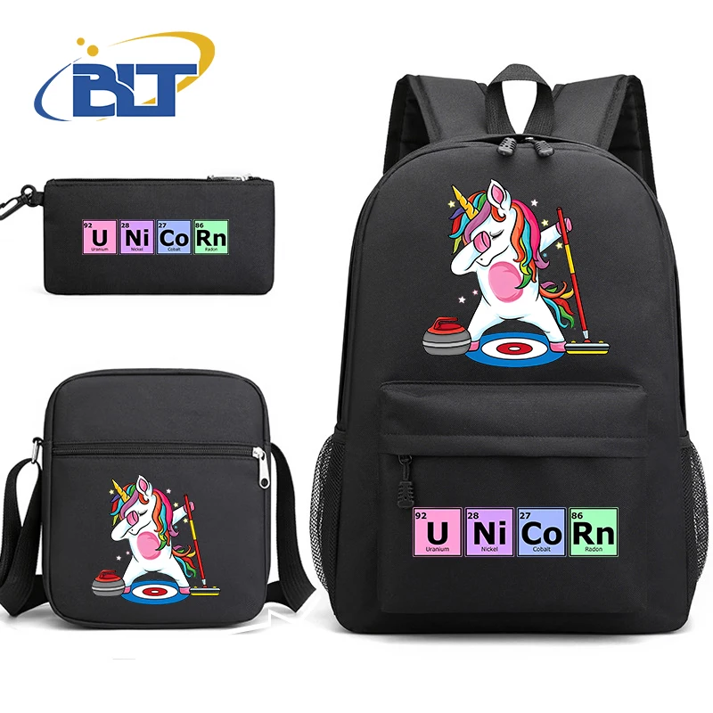 Cute unicorn print student school bag set youth backpack shoulder bag pencil case 3-piece set kids back-to-school gift