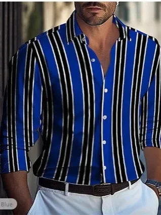 Nuova Camicia alla Moda a Righe con Colletto e Maniche Lunghe per Uomo