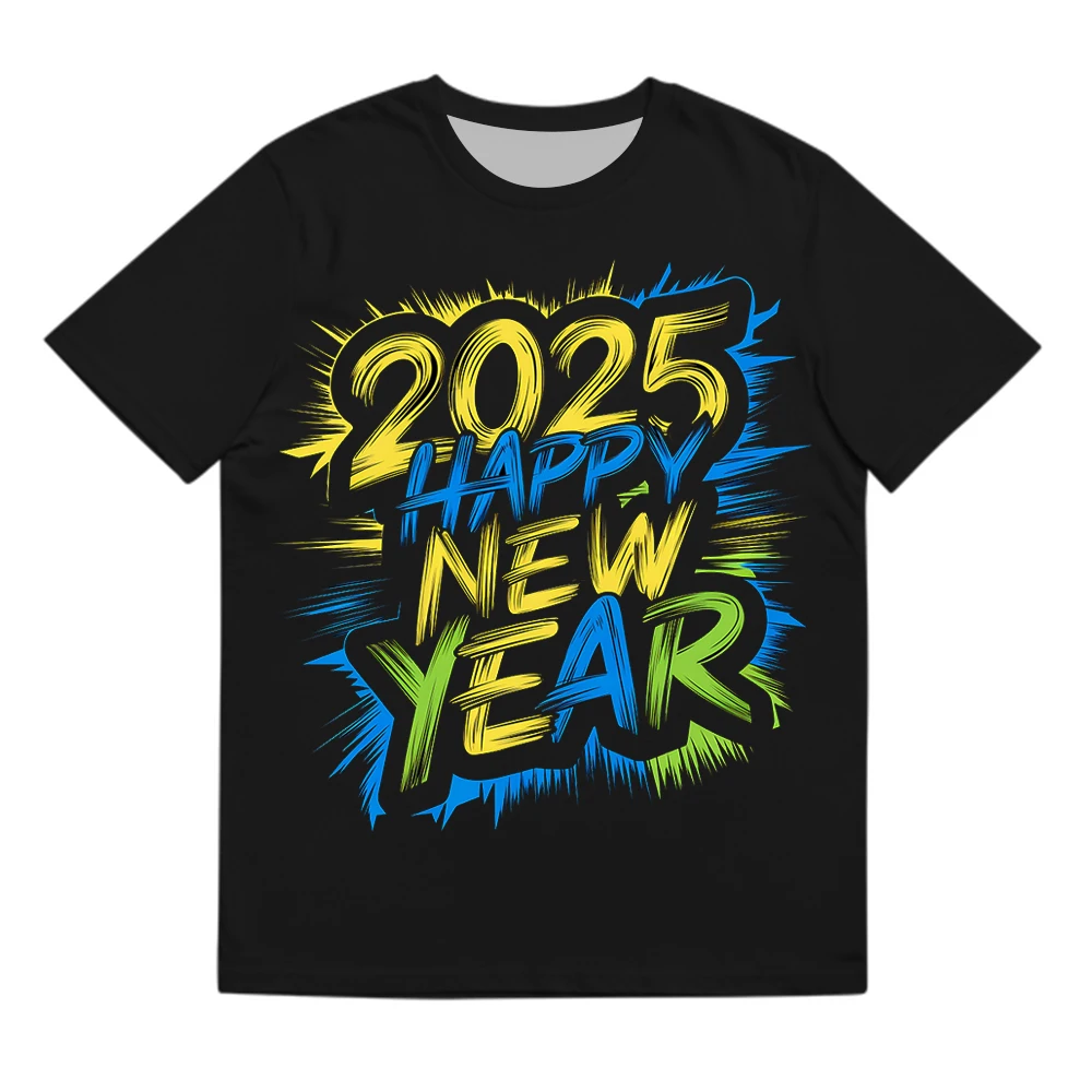 2025 New Tees Happy New Year 3D Printing Graphic T-shirt 100% Cotton Short-sleeved T Unisex Casual Tops Kids New Year Gifts