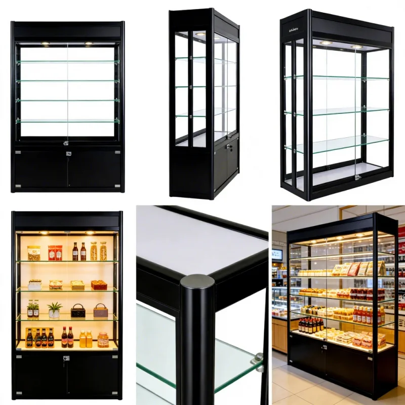custom.2026 New Black Aluminum Lockable Tempered Glass LED Heavy Duty Display Showcase Smoke Shops and Retail Shops