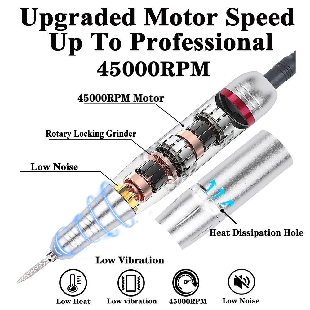 Nouveau 45000 tr/min professionnel électrique perceuse à ongles manucure Machine à faible bruit ongles ponceuse ensemble Salon de manucure polisseuse équipement outils