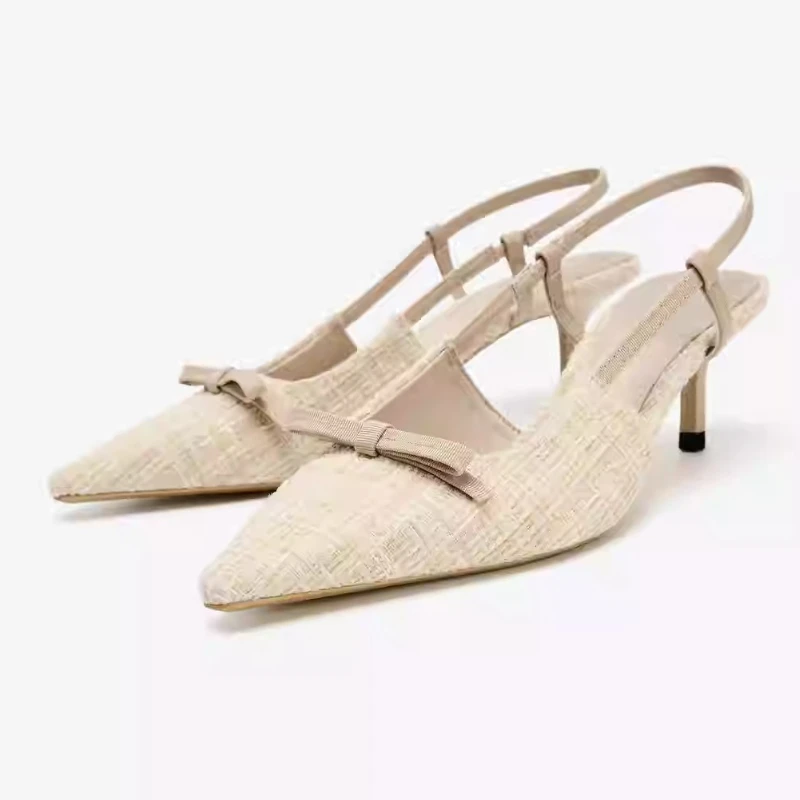 حذاء نسائي جديد لعام 2025 من التويد الفاخر منقوش عليه فيونكة ديكور بكعب رفيع بمقدمة مدببة حذاء أنيق للحفلات والمكتب