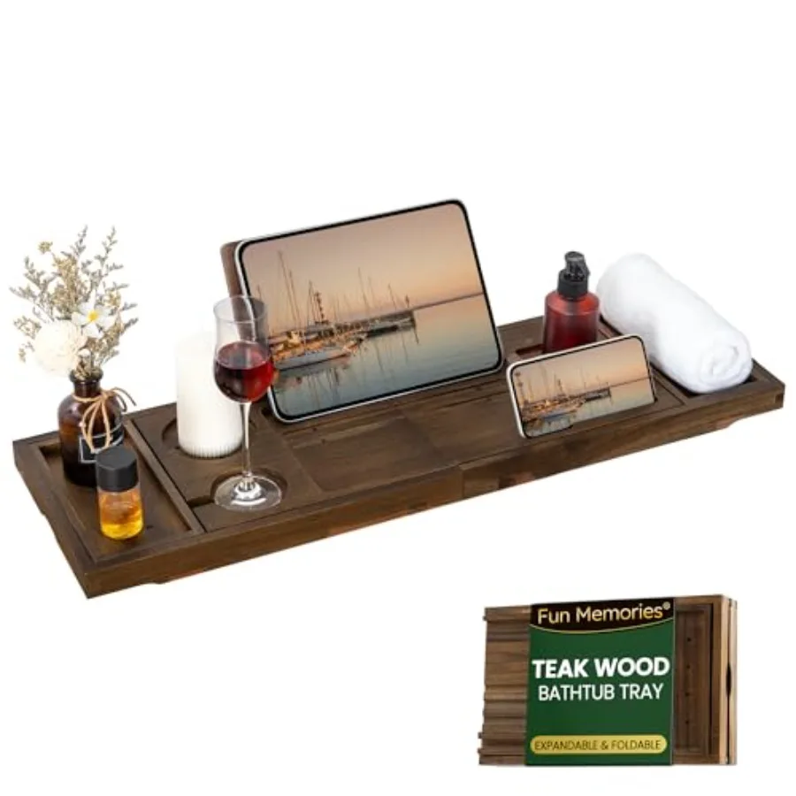 

Teak Bathtub Tray - Luxury Bath Tray with Expandable Handles, Wine Glass and Phone Holders, Book Stand - Perfect for Home Spa R