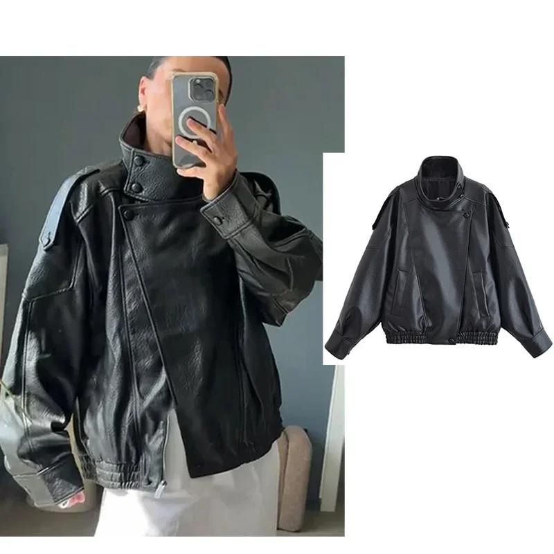

Autumn Faux Leather Jacket For Women Casual Solid Long Sleeve Zipper Pu Leather Coats New Fashion Female Streetwear