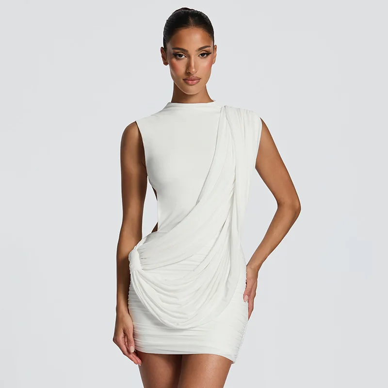

STYLISH LADY Asymmetrical Draped Mini Dress 2026 Summer Women Sexy Backless Ruched Bodycon Sleeveless Club Party Dress