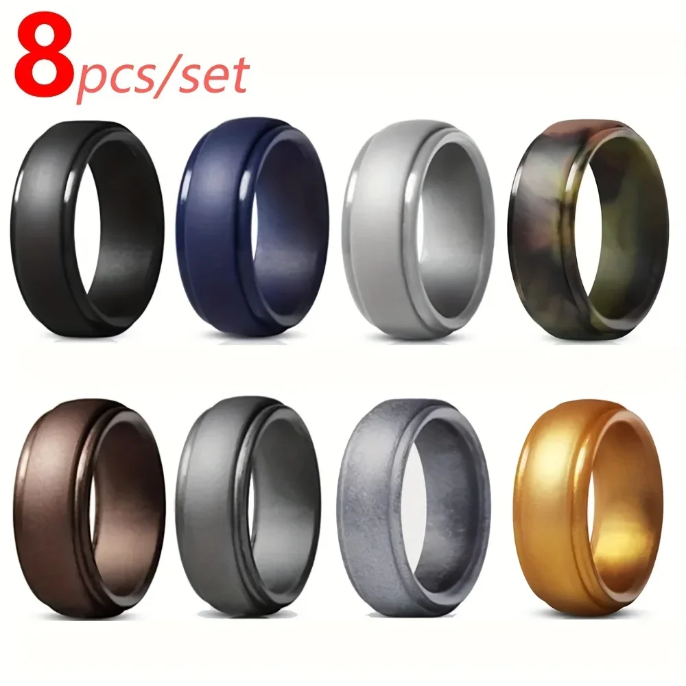 8PCS/Set Premium Silicone Wedding Bands for Men Flexible Comfortable Durable Rubber Rings Perfect for Outdoor Activities Gym