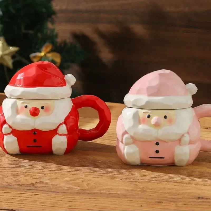 Santa Claus Mug Creative Ceramic Coffee Cup with Lid Embossed 3D Breakfast Milk Mug Afternoon Tea Flower Tea Cup Christmas Gift