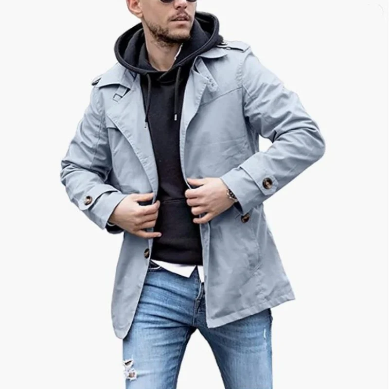 Streetwear Thin Jackets Man Matching Single-breasted Solid Jacket Mid-length Coats With Epaulettes Men\'s Clothing For Autumn