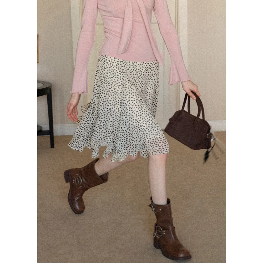 

French-style Ruffled Polka Dot Midi Skirt for Women, Spring High-waisted A-line Dress