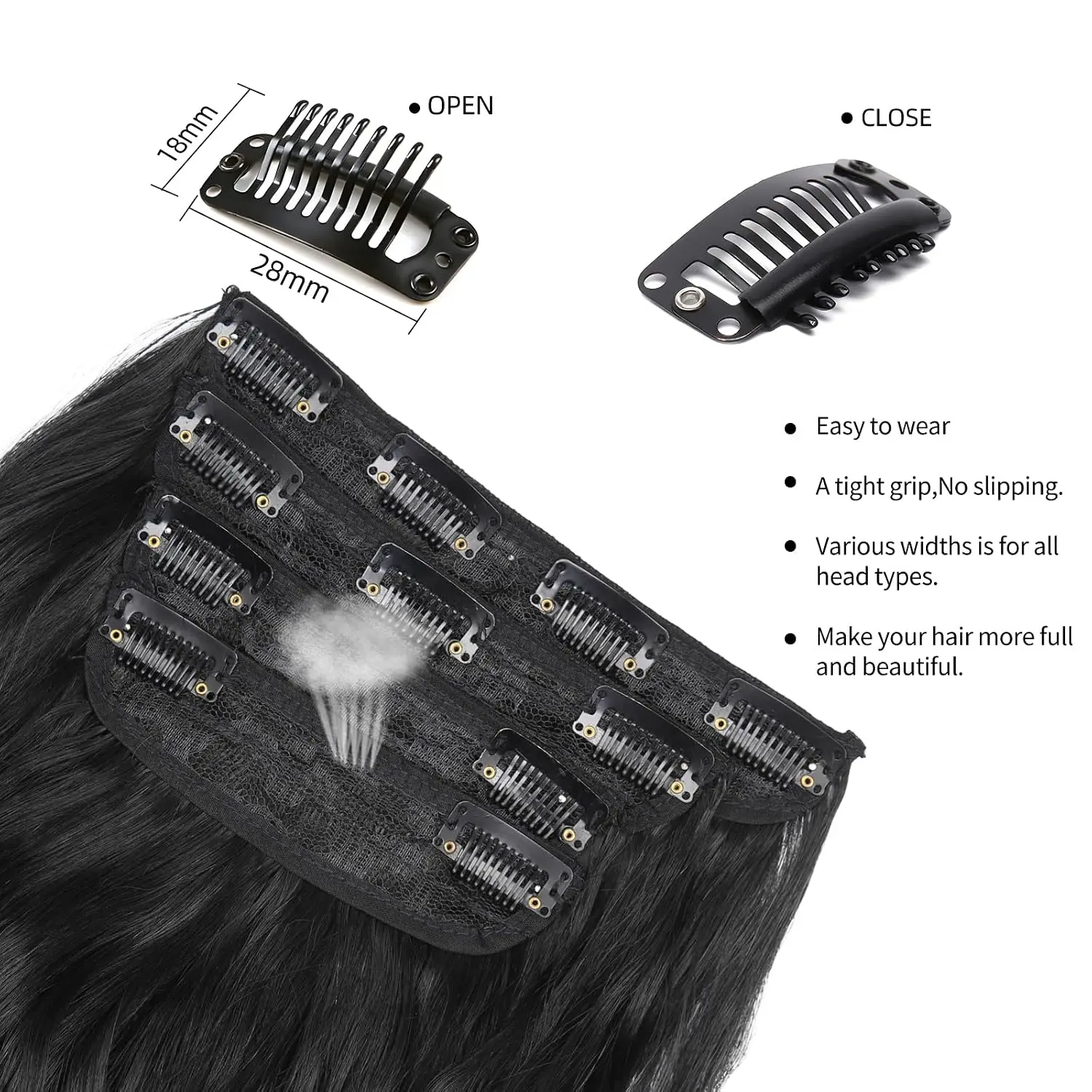 Full Head Wavy Synthetic Clip‑In Hair Extensions 20 Inch Thick Brown Black Hairpieces For Women Daily Party Festival Use