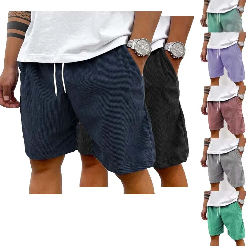 Men's Shorts Corduroy 2026 New Summer Outdoor Wear Loose Drawstring Solid Color Casual Sports Beach Pants Simple Summer Style
