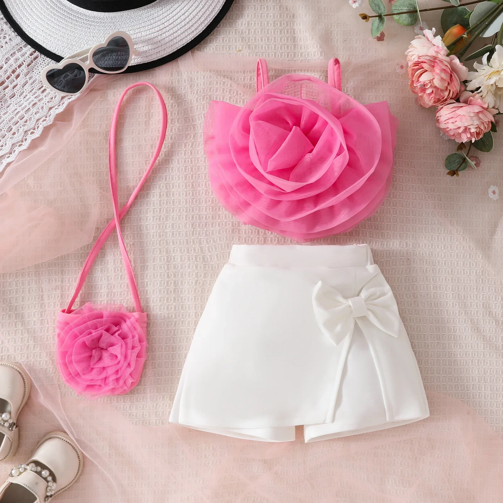 2025 Summer Girls Clothes Set Rose Camisole Tops White  Bow Shorts Matched Rose Bag 3 Pcs Kids Clothing Set