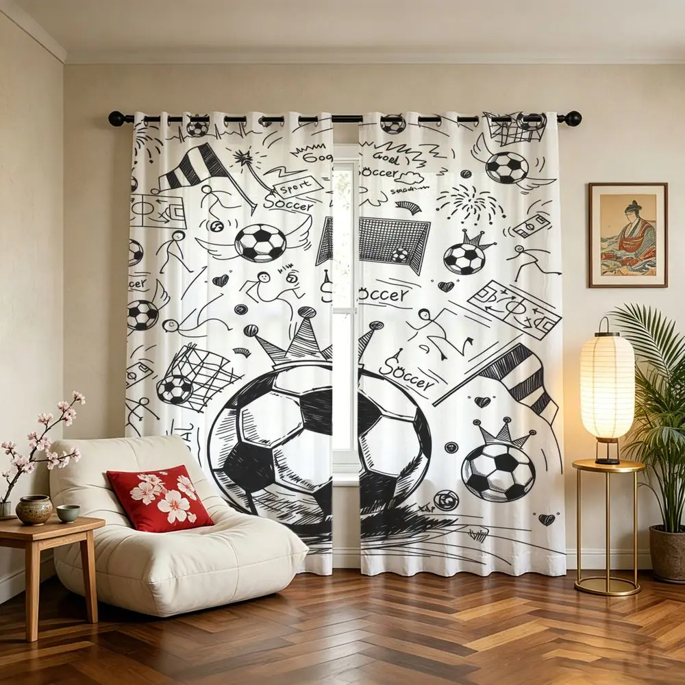 Drawn Soccer Doodle Printed Curtains 2 Panels Darkening Curtains Light Blocking Rate 85% Curtains For Adult Sports Fan Room