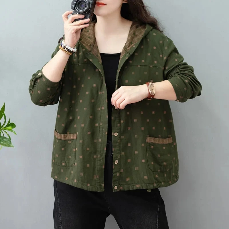 New 2022 Spring Autumn Cotton And Linen Coat Women\'s Literary Retro Hooded Linen Top Casual Printing Jacket Outerwear Female