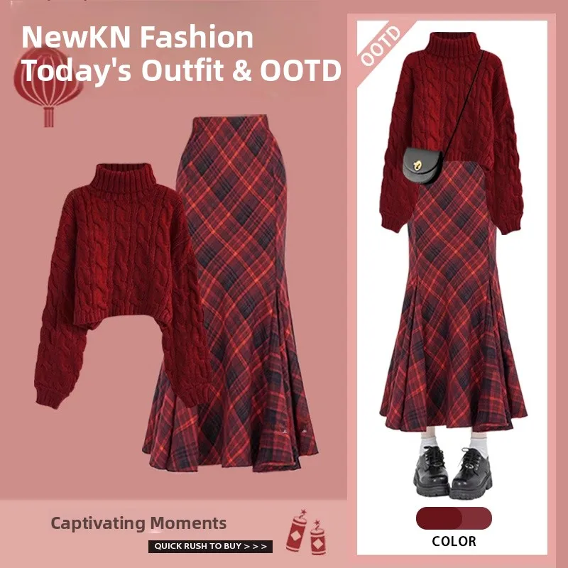 

Женский комплект Faion для празднования китайского нового года, свитер с высоким круглым вырезом, юбка с хвостом Fi, комплект из двух предметов, красный цвет