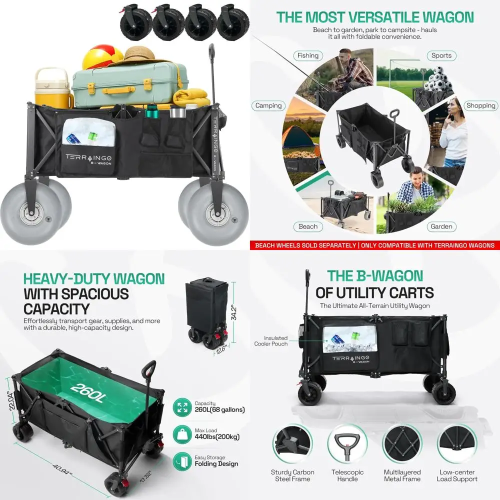Collapsible Beach Cart with Swappable All-Terrain Wheels - 12 Optional Beach Wheels - Ideal for Gardening, Fishing, and Shopping