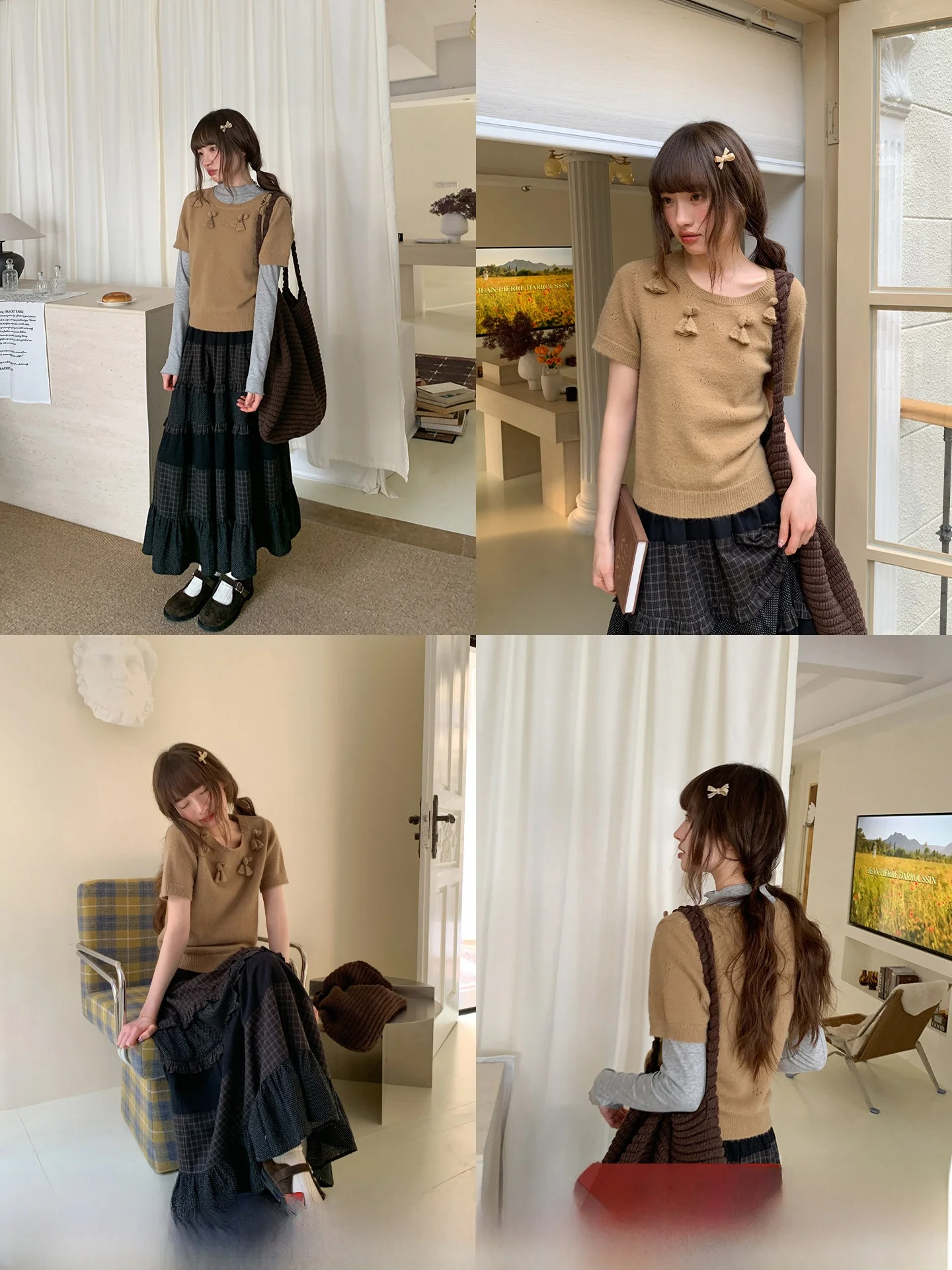 

Hello Hand Knitted ort Sve round Ne T-irt Women's Spring Vintage Sle Loose Fit Floral Decoration Knitted Top