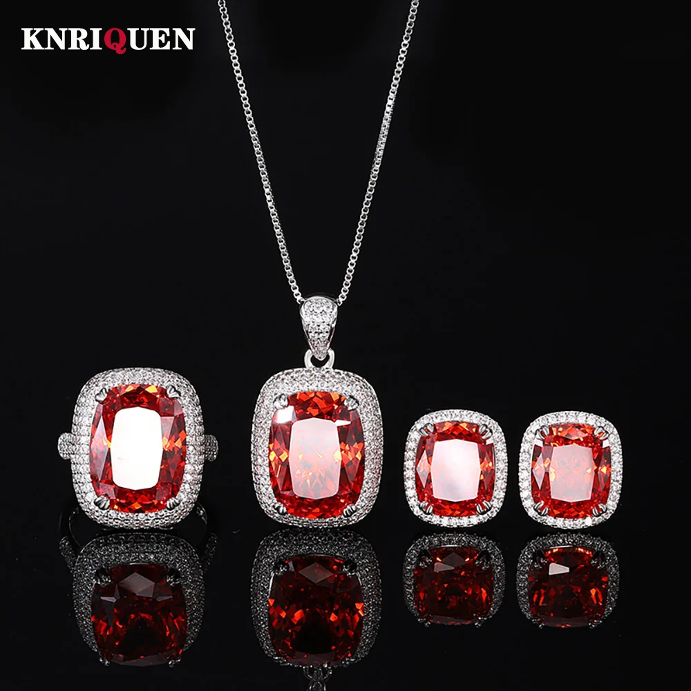 

Luxury 12*16mm Orange Red Lab Ruby Gemstone Necklace Pendant Ring Earrings Party Fine Jewelry Sets for Women Accessories Gift