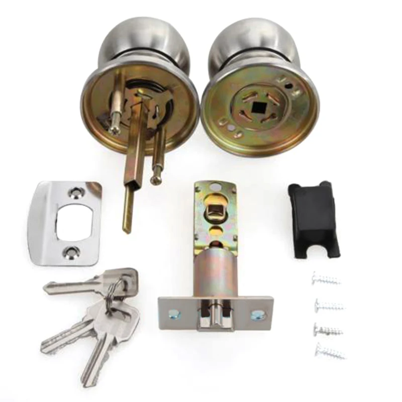 Stainless Rotation Round Door Knobs Handle Entrance Passage Lock With Key Set For Ease Of Opening.  Keyhole On Outside