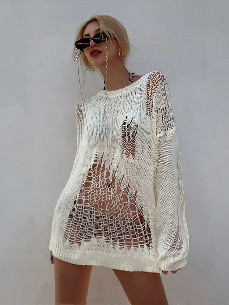 Beach Sexy Hole Sweater Women Loose Knitted Spider Web Hollow Out Thin Knit Grunge Sweater Alt Jumper Bikini Tops Y2k Holiday