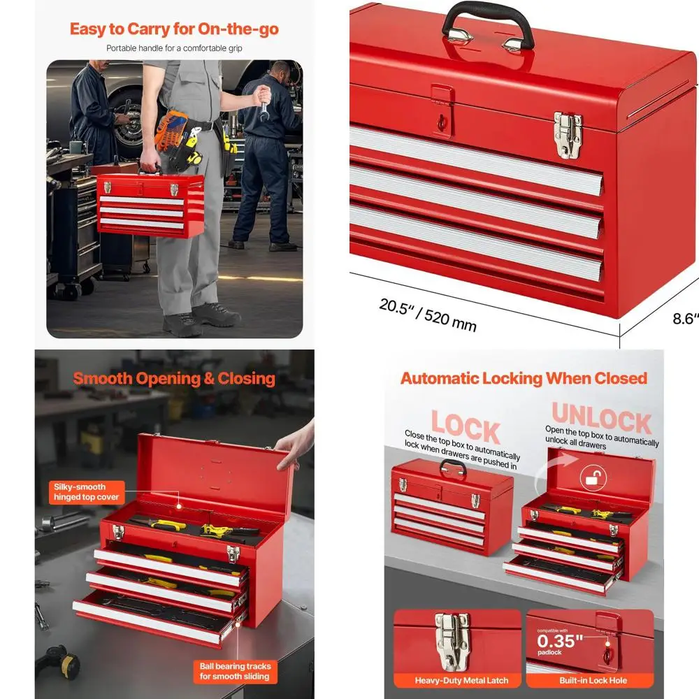 

Compact 20.5 Metal Tool Chest with 3 Lockable Drawers, EVA Liners, Ball Bearing Slides, and Powder Coated Red Finish for Efficie