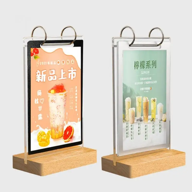 Page Flipping Menu Poster Holder With Wooden Base Picture Frame A4/A5/A6 Acrylic Sign Holder Display Stand For Restaurant Store