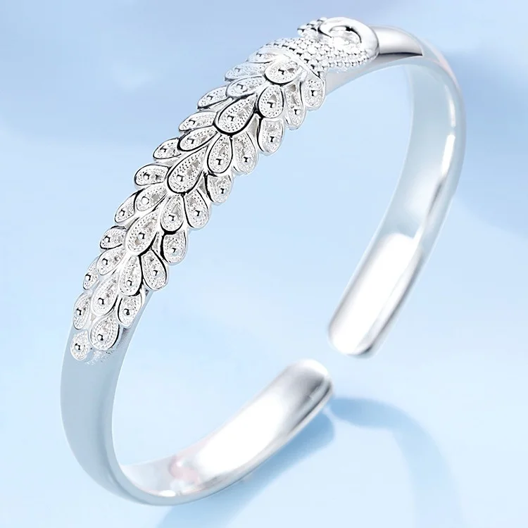 Pulsera de plata de ley 925 para mujer, brazalete elegante con apertura de pavo real, accesorios de boda, regalo de joyería