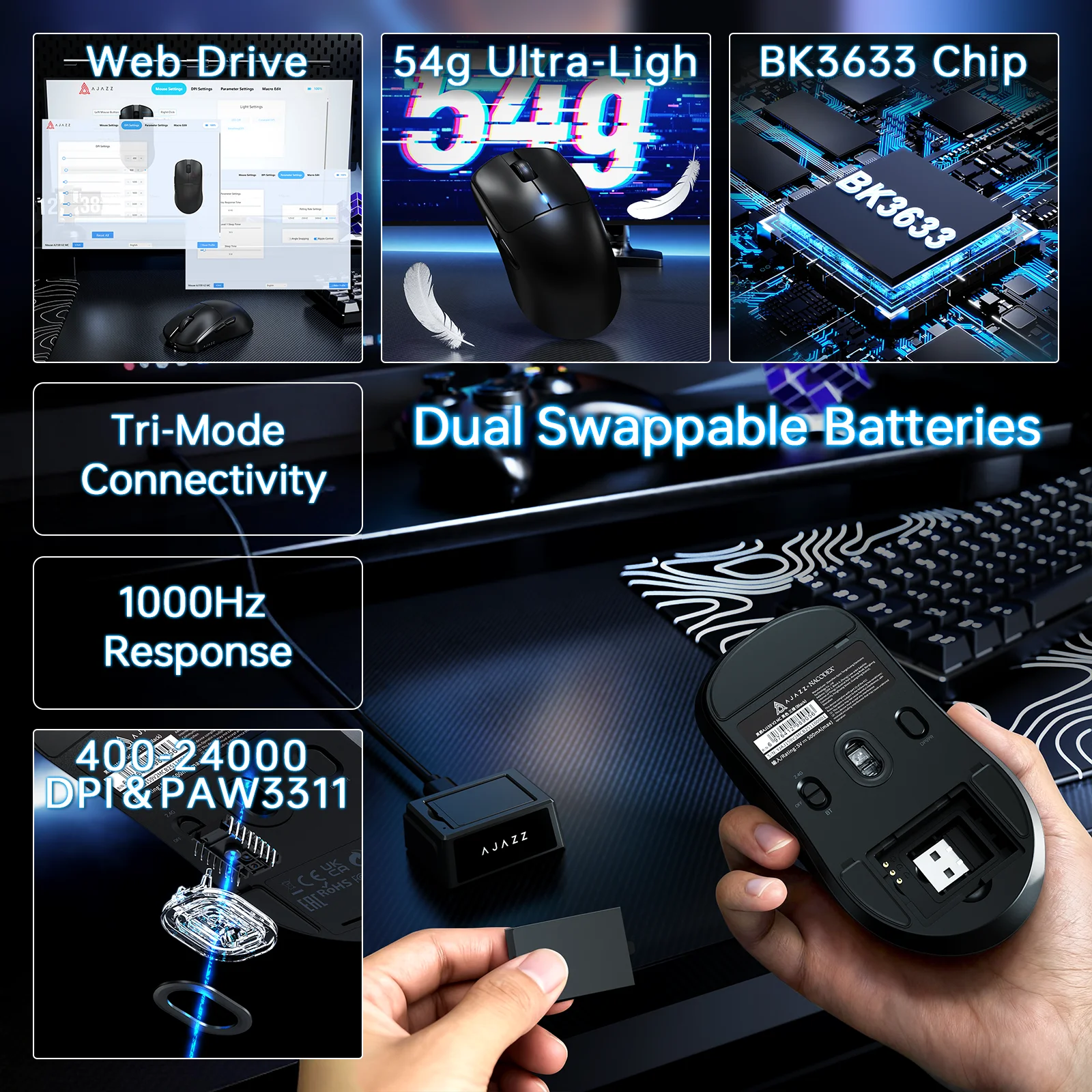 ZIYOU LANG × AJAZZ AJ159V2MC Wireless Gaming Mouse, 54g Lightweight, Swappable Dual Battery, PAW3311, 24000 DPI, 1000Hz, Recharg