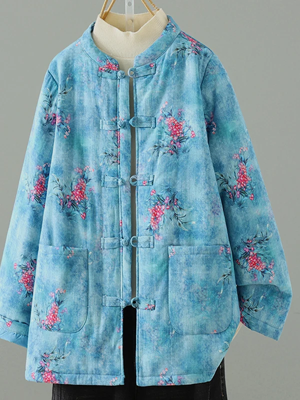 Retro Floral Cotton Jaet Women's Winter New Sle Buttoned Warmth Retention Floral Print Thiened Long Sve Stand Collar...
