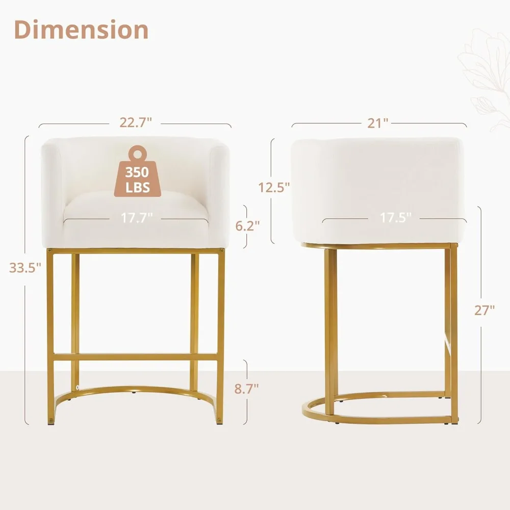 Counter Height Bar Stools Set of 2, Modern Barrel Counter Stools with Backrest and Arms, Gold Metal Frames, Linen Fabric