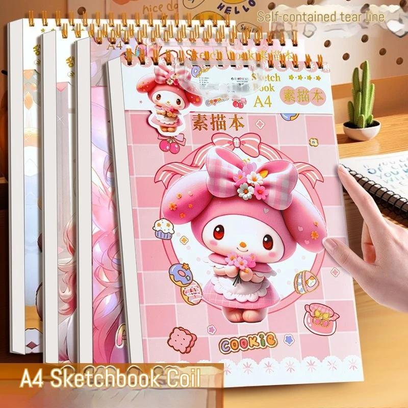 New Sanrio A4 Coil Sketchbook Thickened High Beauty Cartoon Student Kuromi Melody Art Drawing Book Special Sketch Book