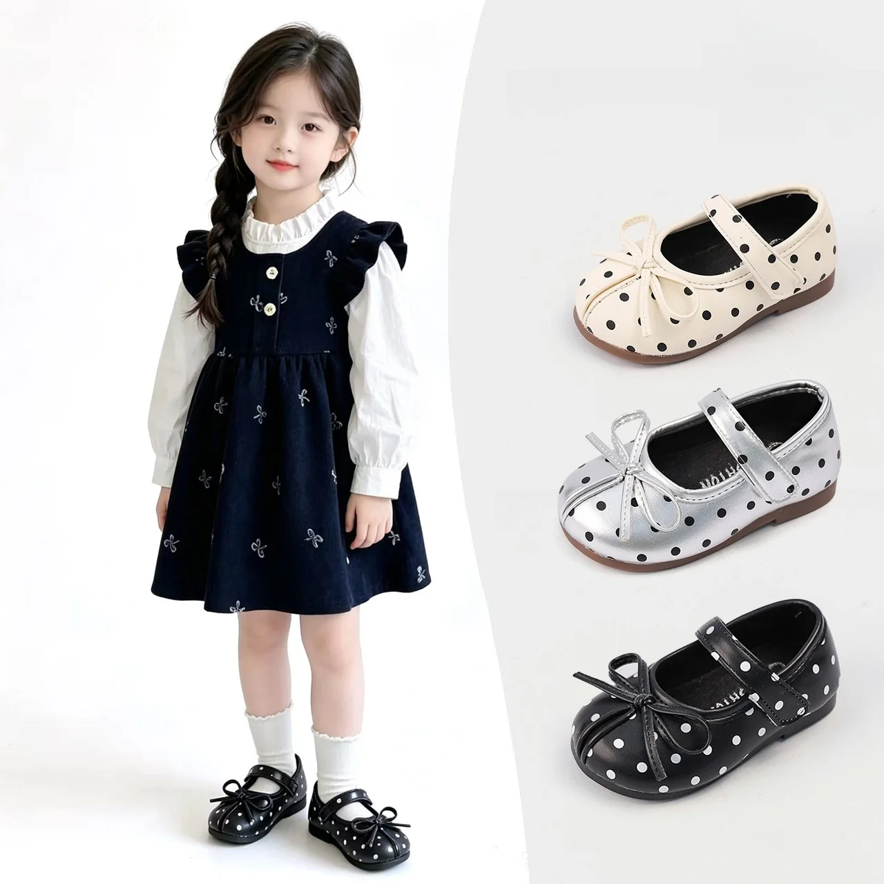 

Girls Dotted Genuine Leather Mary Janes New French Breathable Soft Sole Ballet Flats Baby Vintage Casual Shoes 1-3 Years Old