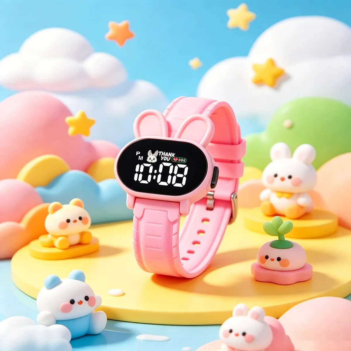 Pink Bunny Digital Kids Watches with LED Time Display Soft Silicone Sports Wristband Cute Cartoon Rabbit Children Watch Girls