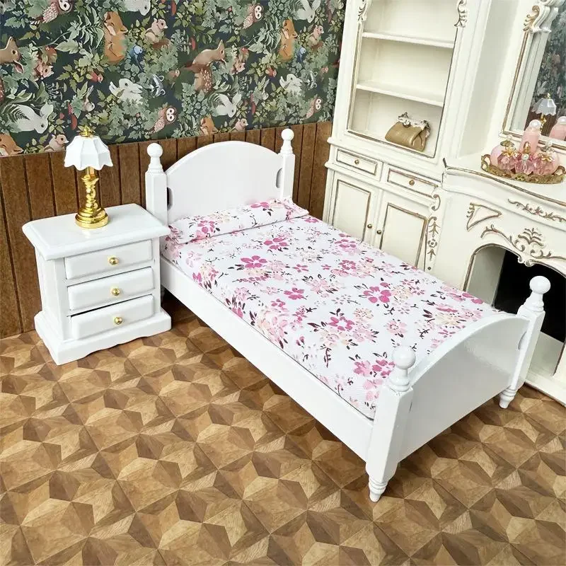 Juego de mesita de noche de cama individual de madera en miniatura para casa de muñecas 1:12, modelo de casa de muñecas, decoración de escena de dormitorio, adornos, juguetes para juego de imitación DIY