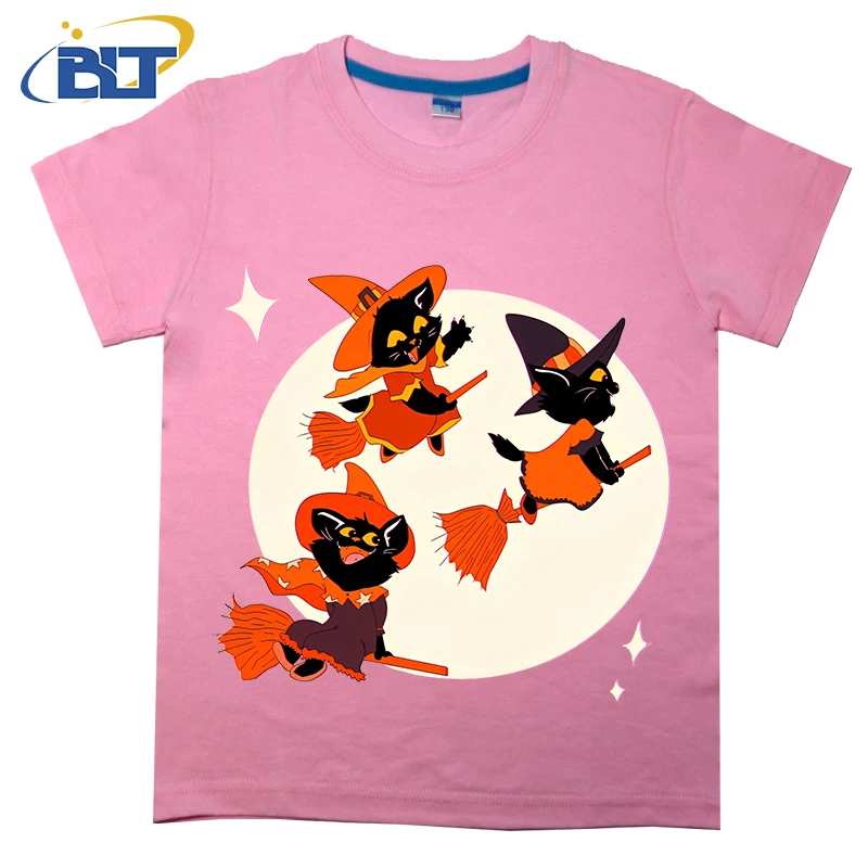 Halloween Kitten Witches scopa Ride t-shirt stampata per bambini manica corta in cotone estivo adatta a ragazzi e ragazze