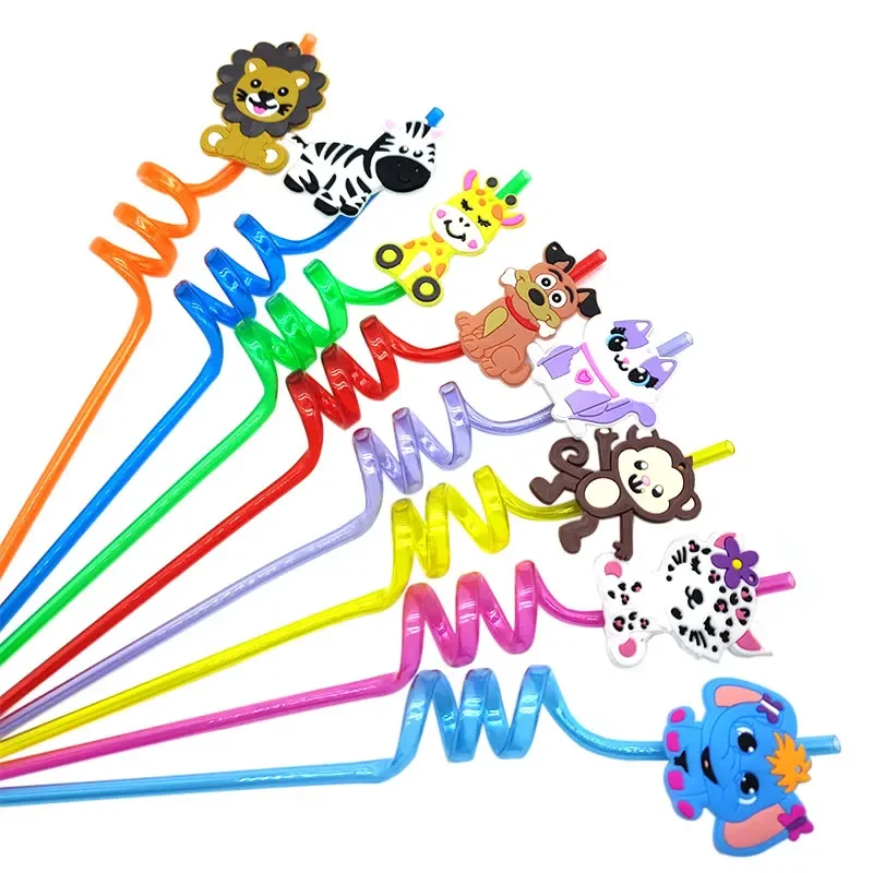 8pcs 26cm Jungle Animals Reusable Plastic Helical Drinking Straws Elephant/dogs/lion/giraffes Straw Kids Birthday Party Decor