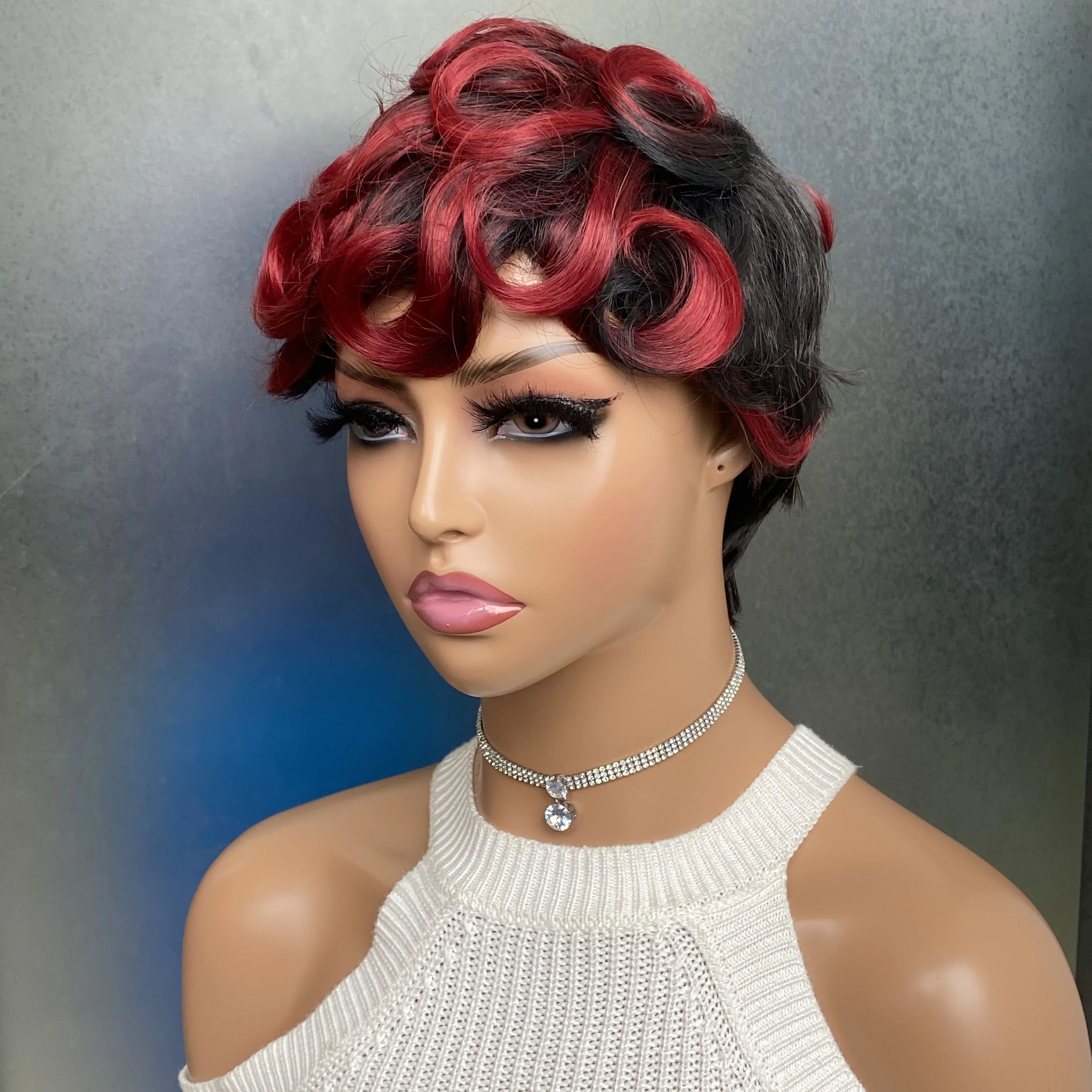 شعر مستعار اصطناعي قصير أومبير مع دقات للنساء السمراوات ، تسريحات شعر مجعدة أفرو ، شعر مستعار بقصة بيكسي ، شعر بورجوندي #3