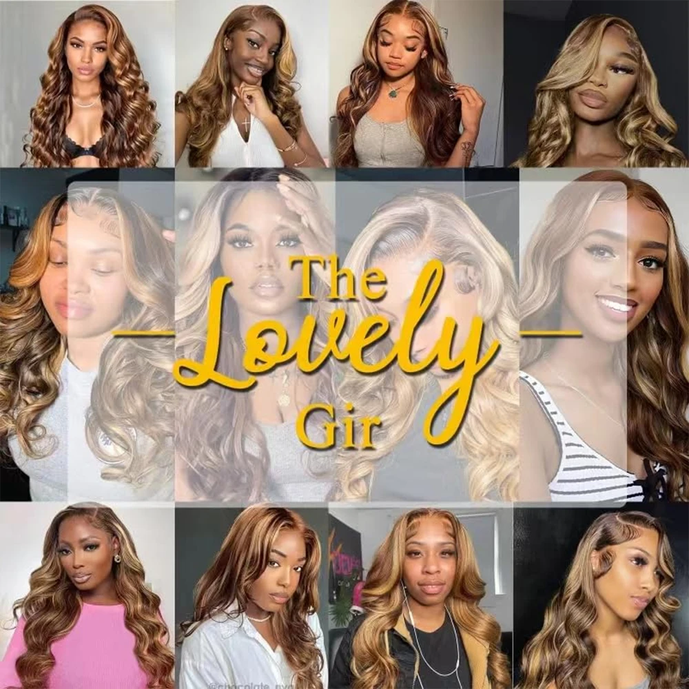 34 Inch Honey Blonde Ombre Body Wave Lace Front Wigs Human Hair 200 Density 4/27 Highlight 13x4 Lace Front Natural Black Wig Human Hair for Women Glueless Wigs Human Hair Pre Plucked HD Lace Frontal Wig