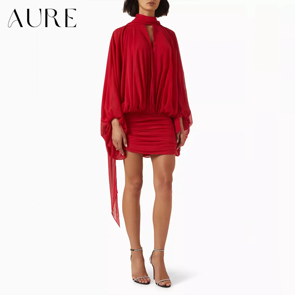 Aure Customized Chiffon Evening Mini Dress High Neck Keyhole Front Balloon Long Sleeve Gathered Waist Ruched Bodycon Party Prom