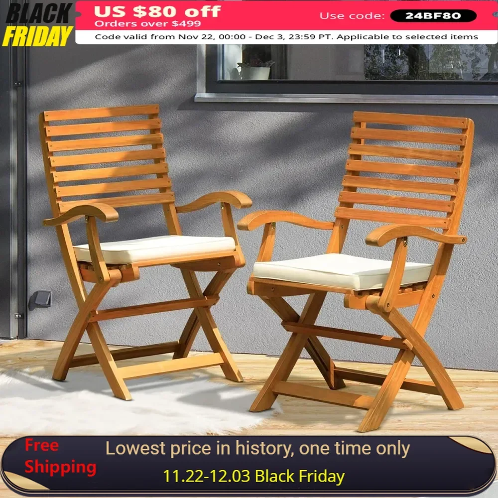 Fully Assembled Camping Table Percy Chairs Heavy Duty 400lbs Capacity Set of 2 With Cushion FSC Acacia Outdoor Furniture Chair